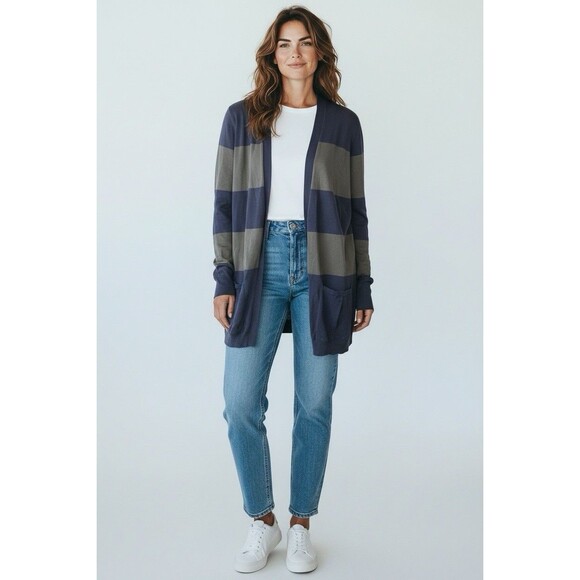 Brunello Cucinelli Striped Tunic Cardigan Sweater Women's XL Pockets Gray & Navy - Picture 15 of 15